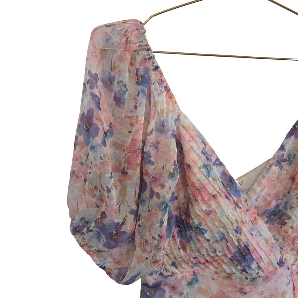 Shopmoda Watercolor Floral Chiffon Puff Sleeve Mini Dress Purple Pink XS - Picture 9 of 11